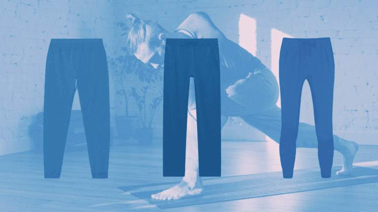 Backdrop image of a man practicing yoga with 3 pairs of best mens yoga pants overlaid on top