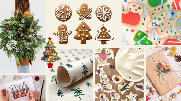 Collage of sustainable Christmas ideas including DIY wreaths, homemade gingerbread cookies, reusable advent calendars, eco-friendly wrapping, salt dough ornaments, natural decorations, and zero-waste craft projects.