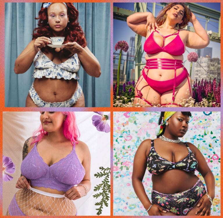 Models wearing colorful plus size lingerie sets from inclusive lingerie brands, showcasing size-inclusive, sustainable, and stylish designs for all body types.