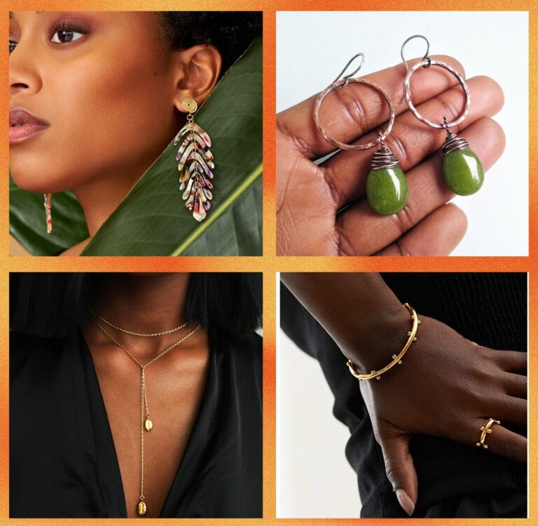 A collage of jewelry made by black owned etsy shops.