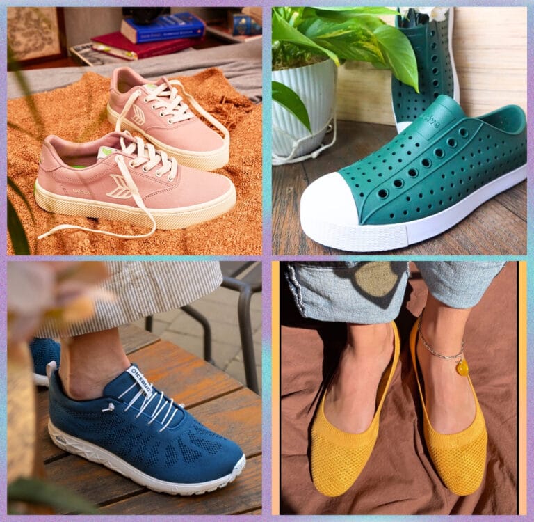 A collage of recycled shoes including pink Cariuma sneakers, green Native Shoes slip-ons, blue Icebug trainers, and yellow Vivaia flats—each made from recycled plastic bottles and sustainable materials, tested by Sustainable Jungle