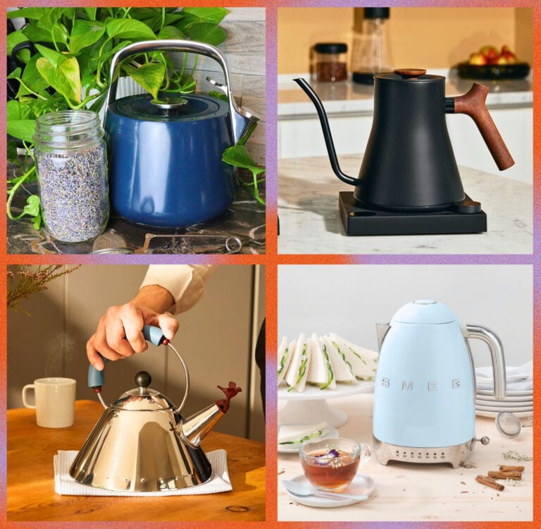 Four stylish eco kettles including stainless steel, ceramic, and electric designs from top sustainable kettle brands, featuring modern non toxic tea kettle options for every kitchen.