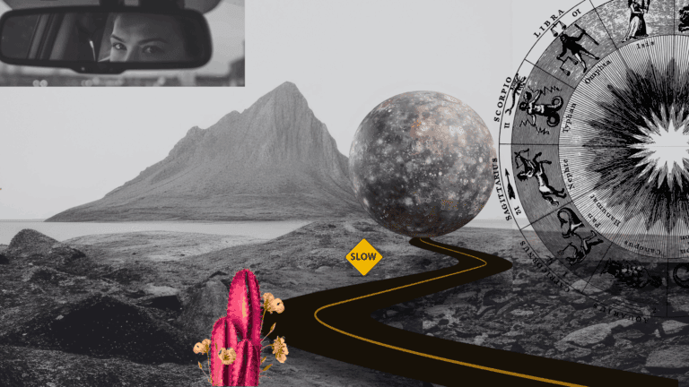 Photo collage of a mountain and a road leading to Mercury retrograde with the zodiac circle and a rearview mirror