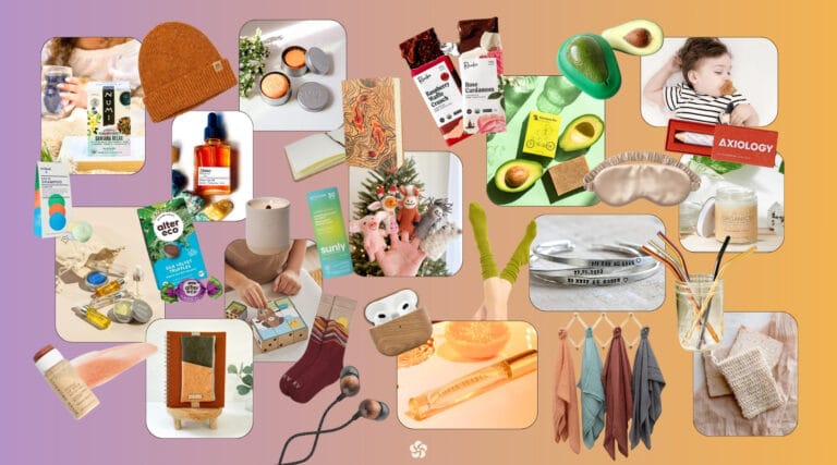 Large collage of sustainable stocking stuffers including herbal teas, solid shampoo bars, organic skincare minis, ethical chocolate, felt finger puppets, reusable notebooks, natural lip tint, cozy socks, eco-friendly beauty balms, reusable beeswax wraps, soft toys, plant-based sunscreen, soy candle, wooden earbud case, metal straws, and wholesome kids’ gifts.
