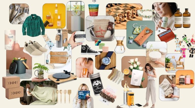 Large collage of zero waste gifts including recycled jewelry, plastic-free kitchen tools, low-waste beauty products, sustainable fashion, handmade decor, reusable household items, and eco toys. Comprehensive list of zero waste gift ideas for all ages and budgets.