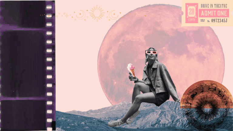 Woman sitting on a mountain under Jupiter retrograde 2025 in a contemporary collage