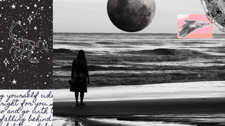 Contemporary collage of a woman overlooking the ocean with the new moon in Scorpio and a flying fish and the constellation