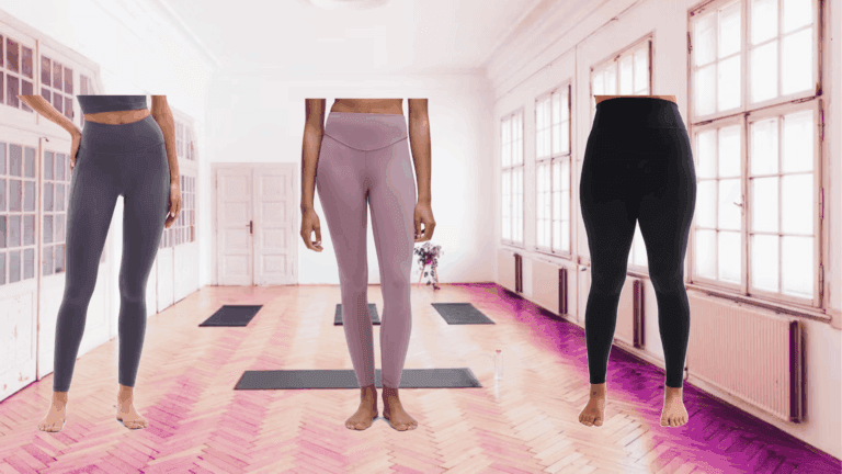 Image of a yoga studio with 3 pairs of different lightweight yoga pants overlaid on top