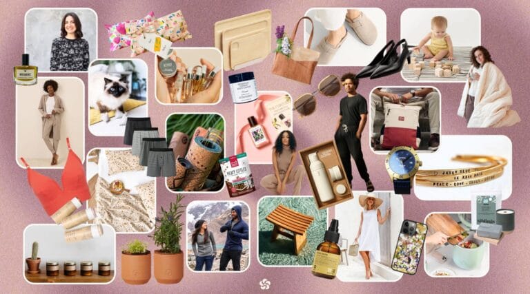 A collage of eco-friendly gift ideas including sustainable clothing, ethical accessories, natural beauty products, toys, home goods, and sustainable essentials. Sustainable gift ideas for anyone who values conscious living.