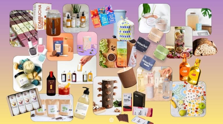 A large collage combining items from all consumable gift categories, including self-care products, drinks, edible treats, cleaning supplies, baking kits, seed bombs, natural soaps, kombucha kits, chocolate, herbs, and pantry additions arranged across a pastel gradient background.