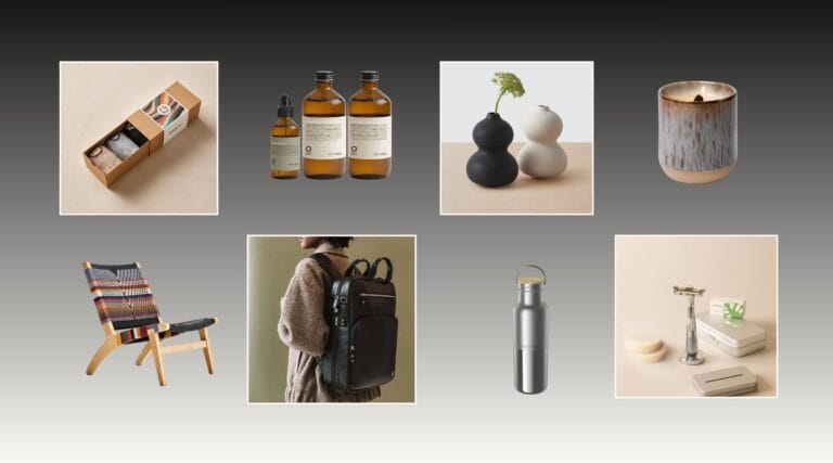 A mixed collage of minimalist gifts from personal care to home goods, including socks, candles, skincare, lounge chairs, reusable water bottles, backpacks, and safety razors. A broad overview of practical minimalist gifts for him, her, and for anyone embracing simple living.