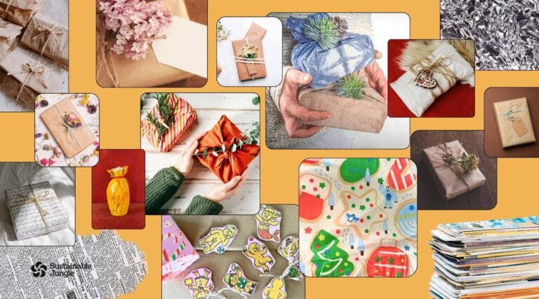 Upcycled zero waste gift wrapping ideas using old newspaper, magazines, kraft packaging, and twine for creative, low waste gift wrap.