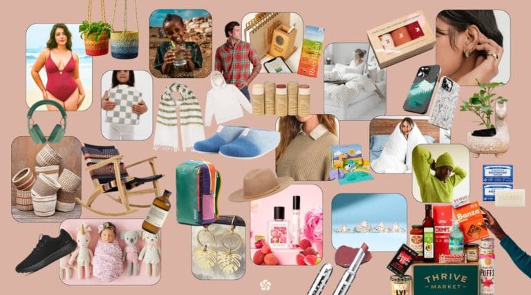 Large collage of ethical and fair trade gifts, featuring clothing, artisan homewares, beauty products, toys, jewelry, bedding, tech accessories, and socially conscious gift boxes.