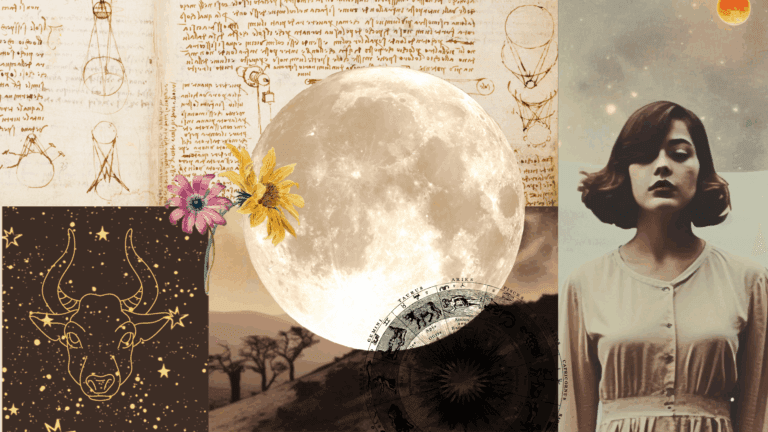 Contemporary collage of the full Moon in Taurus and a woman and stars and flowers