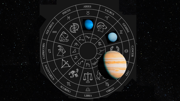 Zodiac circle on a background of black and stars with a couple colorful planets indicating