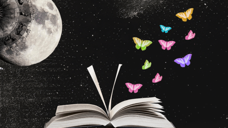 Full Moon in Gemini with an open book beneath it and butterflies coming out of it