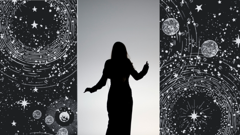Collage of outer space and a black and white image of a woman's silhouette dancing at dusk