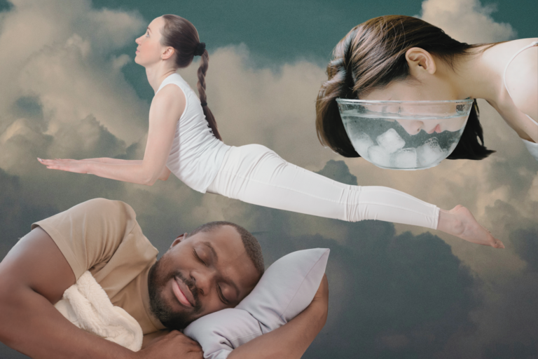 People practicing wellness trends like sleepmaxxing, tummy time, and icing the face