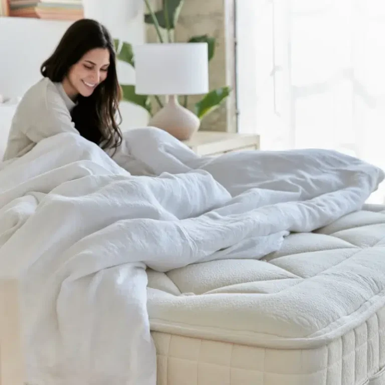 A woman with long dark hair sits up in bed, smiling, under a white comforter in a bright, modern bedroom.