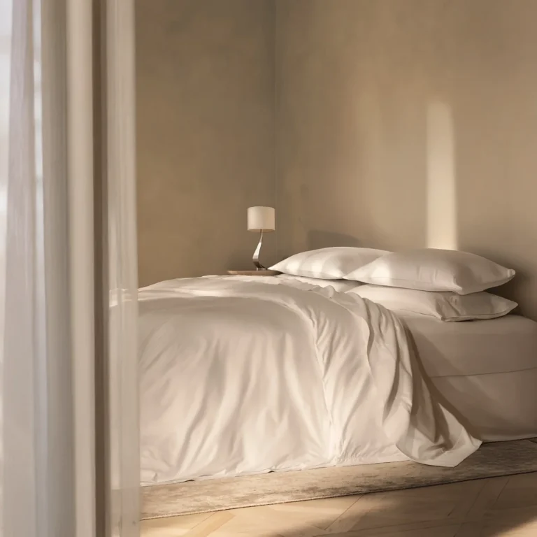 A neatly made bed with white bedding and pillows is in a softly lit bedroom with beige walls and a small bedside lamp.