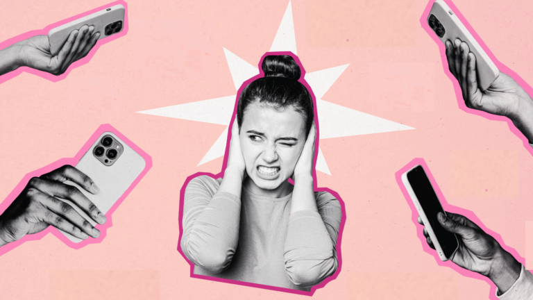 Collage photo illustration of a woman with her hands on her ears surrounded by cell phone notifications of influencers talking about "the one thing."
