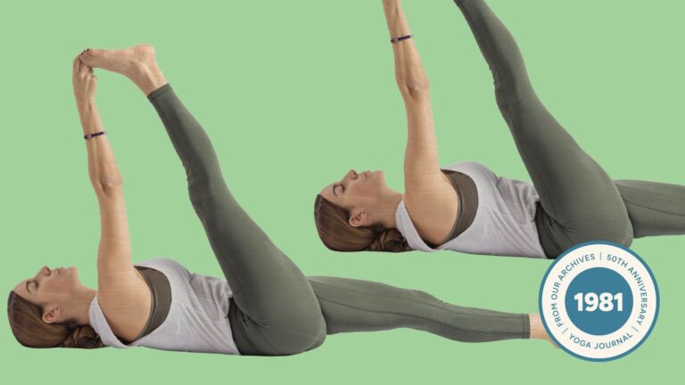 Image of woman practicing reclining big toe pose set against lime green background.