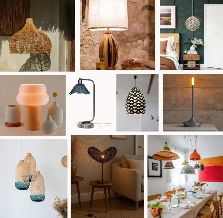 Collage of sustainable lighting options including handwoven pendants, reclaimed wood lamps, and eco-friendly table lights from the best sustainable lighting brands