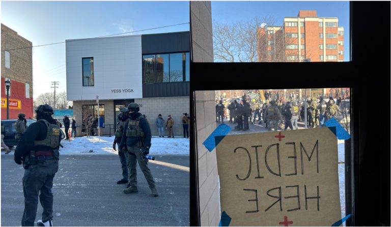 Photos taken from inside and outside a building on or near 26th Street in Minneapolis on January 24, 2026