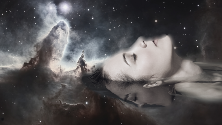 A woman floating in space, similar to the experience of a sensory deprivation tank