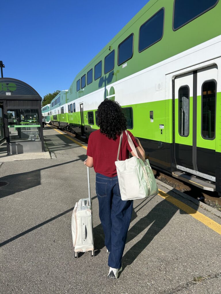 Person with a suitcase and tote bag walks toward a green and white double-decker train at a station on a sunny day.