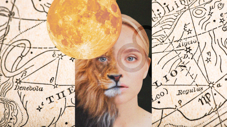 Photo illustration of a vintage illustration of the constellation Leo with an image of half woman half lion and the full Moon