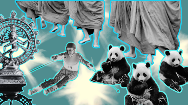 pieces of good news: monks walking, a man skiing, pandas, a spiritual statue