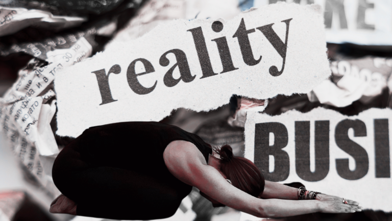 Collage of newspaper headlines with the image of a woman practicing yoga for anxiety on top of them