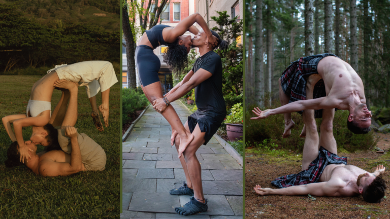 Three couples practicing yoga