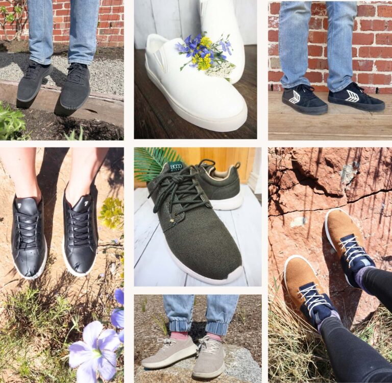 Sustainable Jungle's testing of sustainable shoes from eco-friendly shoe brands including 8000Kicks hemp sneakers, Thousand Fell vegan slip-ons, Cariuma Catiba Pro skate shoes, Baabuk wool boots, and Allbirds Tree Runners — all tested and reviewed by our team