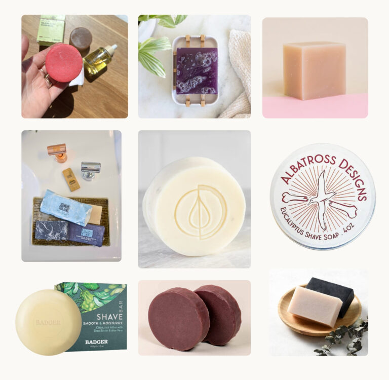Best shaving soap bars including Leaf Shave pucks, Suds & Eco glycerin bar, A Drop in the Ocean unscented shave bar, Jungle Culture Charcoal & Black Pepper and Aloe Vera bars with safety razors, EcoRoots shave bar, Albatross Eucalyptus shave soap tin, and Badger organic shave bar — researched and reviewed by Sustainable Jungle