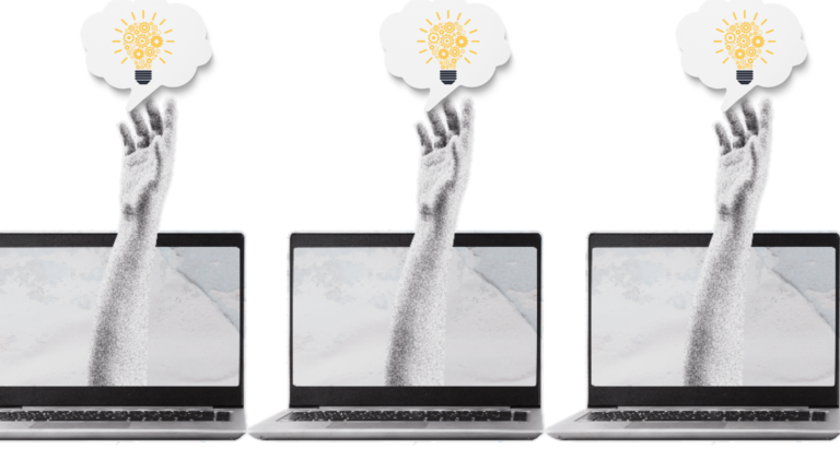 Photo illustration collage of 3 laptop computers each with a hand reaching out from the screen and grabbing a thought bubble with a light bulb symbolizing stealing intellectual property or the concept of asteya