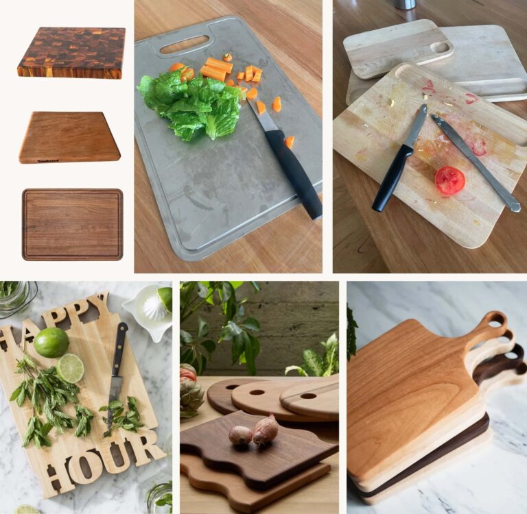 Non-toxic cutting boards including end-grain walnut butcher block, Taima titanium board with carrots, Caraway birch set with tomatoes, personalized maple board, Itza Wood exotic cutting boards, and Treeboard single-slab wood board. Many tested, rated and reviewed by Sustainable Jungle