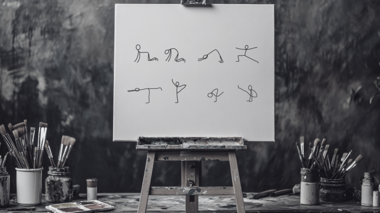 Black and white image of a canvas on an easel with a creative yoga sequence on the paper