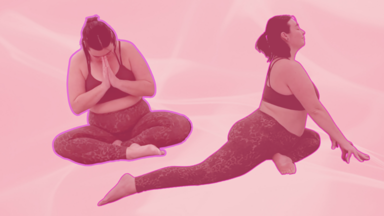 Yoga teacher Taylor Lorenz in Easy Seat and Pigeon Pose, part of her self-love yoga practice