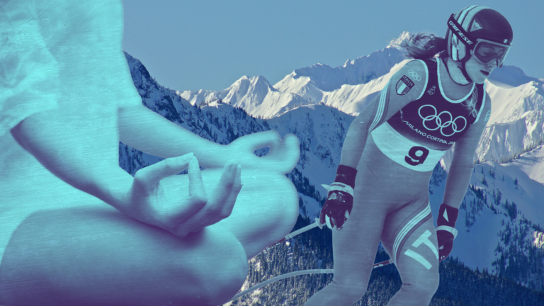 Skier Sofia Goggia skiing at the 2026 Olympics overlayed by a person meditating