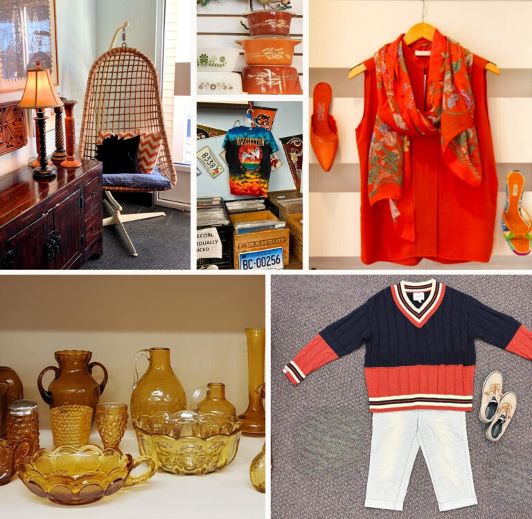 Thrift store finds in Connecticut from the best thrift stores in CT including vintage wicker hanging chair with pillows, retro Pyrex casserole dishes, amber glassware, women’s red blouse with floral scarf and shoes, and preppy children’s outfit with sweater and jeans.