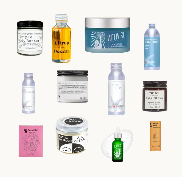 Our guide to the best zero waste skincare brands including EmpireSquid Organics body butter, A Drop in the Ocean skin serum, Activist Skincare Sea to Skin Cleansing Gel, Plaine Products body lotion and face toner, Oway Blooming Gleam face cream, Tap Tap Organics beauty butter, Fat and the Moon All Cream, Activist Calming Force Serum, and a pink rose clay facial bar. All reviewed, rated or researched by Sustainable Jungle