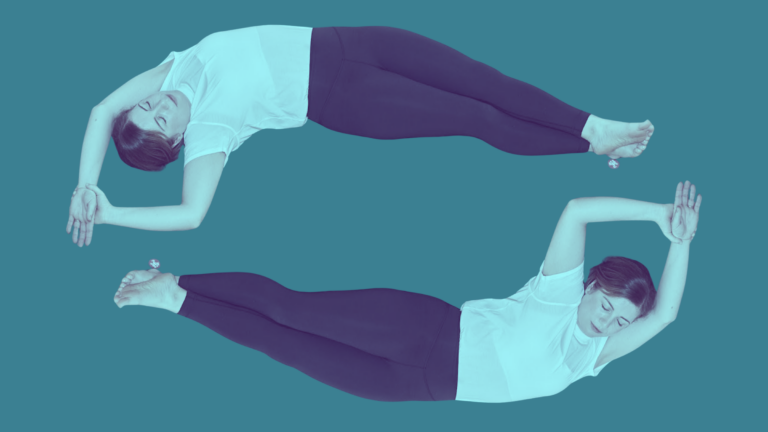 Yoga teacher Katie McGrath in Banana Pose, part of her yin yoga for stiff back practice