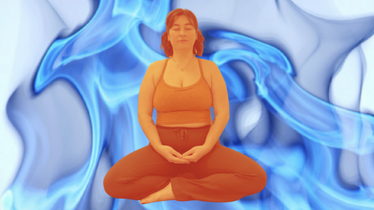 Yoga teacher Taylor Lorenz doing a breathing exercise against a background of blue flames