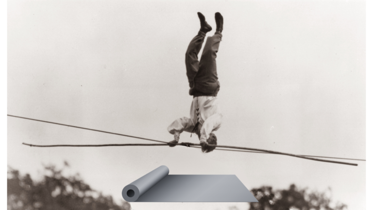 Historic image of a tightrope walker practicing balancing exercises