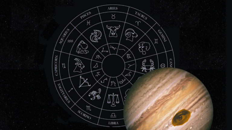 A collage of the zodiac circle against the backdrop of the night sky with the planet Jupiter and a third eye
