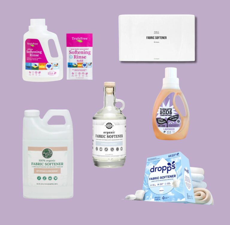 Los 6 mejores suavizantes de telas no tóxicos y ecológicos Best non-toxic and eco-friendly fabric softeners including Dropps mineral-based pods, Rustic Strength organic fabric softener in glass bottle, Public Goods plant-based fabric softener sheets, Truly Free Home refillable softening rinse with unscented refill packet, and Meadow & Fern 100% organic fabric softener. All researched by Sustainable Jungle