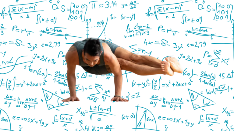 Image of a guy practicing the arm balance Parsva Bakasana with mathematic equations in the background