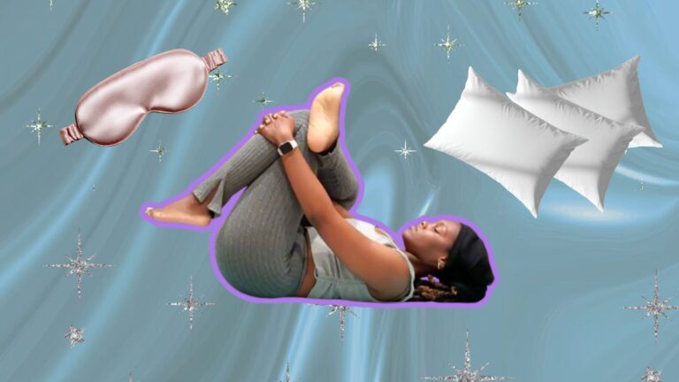 Yoga instructor Ramoni Overton practicing stretch for tight hips against background with pillows and sleep mask.